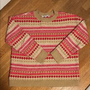 LOFT Fairisle Crewneck Sweater - Pink and Tan M